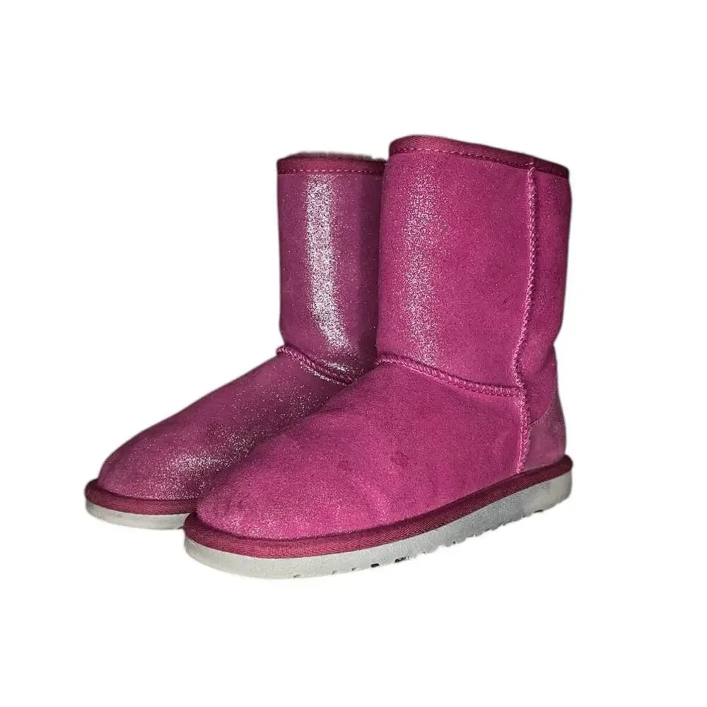 Girls‎ UGG Classic Short Glitter Boots Size 4 Pink Winter Fall